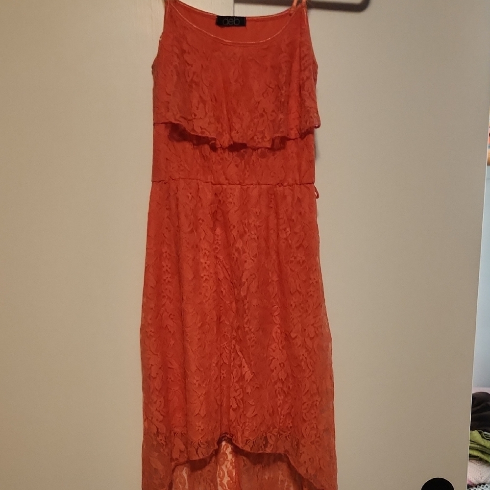 Coral High Low Sundress with Ruffled Tiered Design and Spaghetti Straps